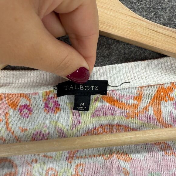 Talbots Cardigan Women M Medium Orange Floral V-Neck Long Sleeve Cotton Button - Picture 3 of 7